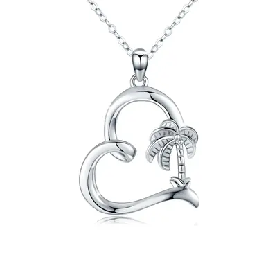 Sterling Silver Palm Tree & Heart Pendant Necklace