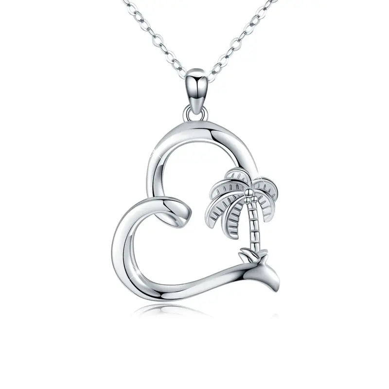 Sterling Silver Palm Tree & Heart Pendant Necklace