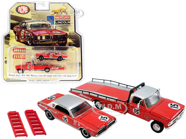 Ford F-350 Ramp Truck with 1967 Mercury Trans Am Cougar 15 Parnelli Jones Red with Silver Top \
