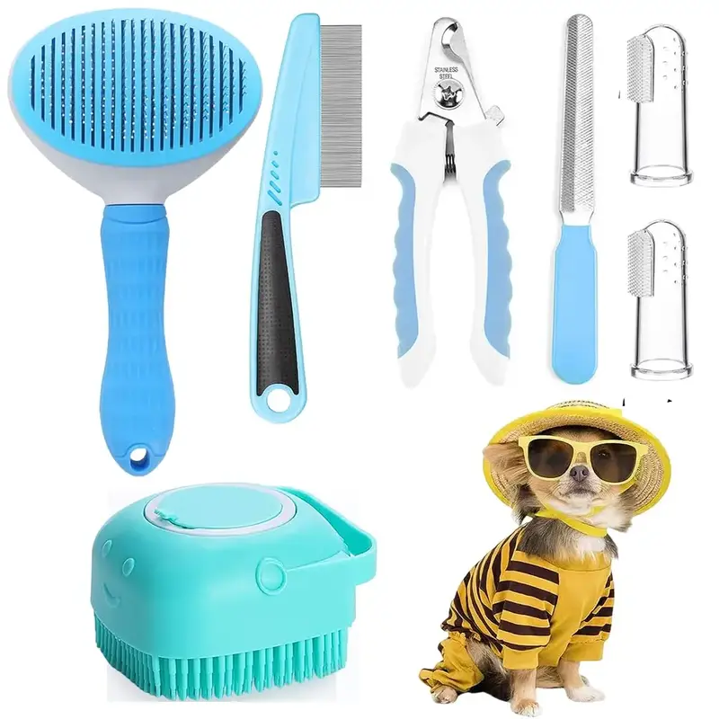Multi-use Pet Grooming Set, 7 Counts/set Pet Hair Removing & Nail Trimming & Teeth Cleaning Set, Pets Hair Removing Brushes f...