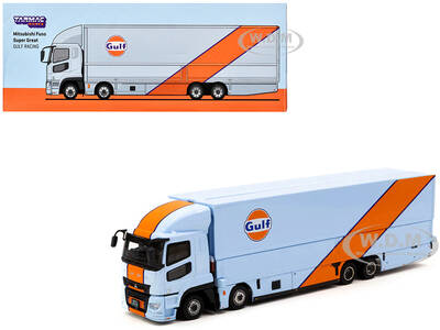 Mitsubishi Fuso Truck with Transporter Light Blue with Orange Stripes \