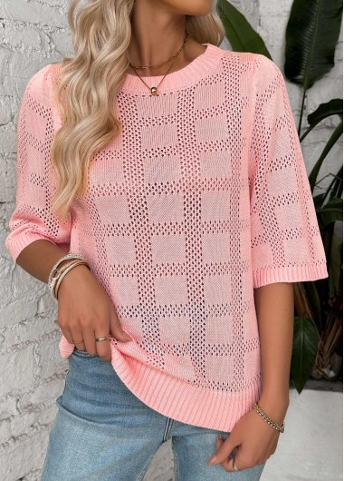 Modlily Light Pink Half Sleeve Round Neck T Shirt - XL