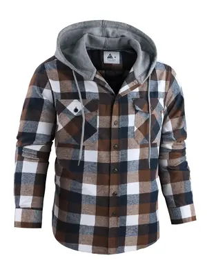 Men's Plaid Print Button Front Drawstring Hooded Shirt, Regular Fit Casual Pocket Long Sleeve Outerwear for Spring & Fall, Me...