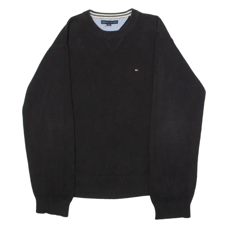 Vintage TOMMY HILFIGER Mens Jumper Black Crew Neck 90s Chunky Knit XL