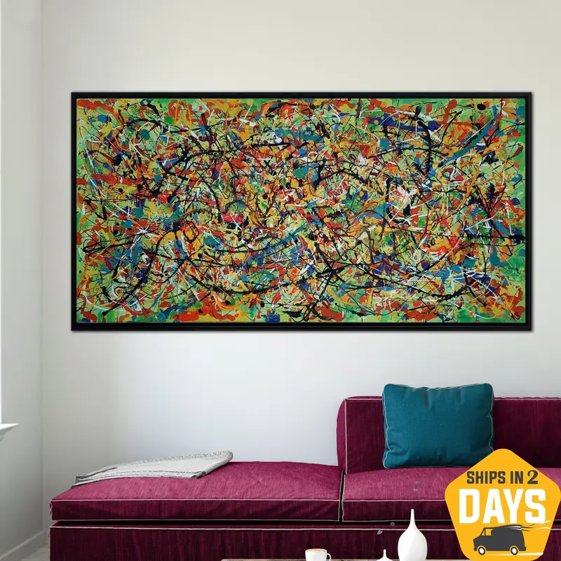 Original Colorful Paintings On Canvas Jackson Pollock Wall Art Abstract Artwork for Home Decor | CITY MADNESS 23"x46&quo...