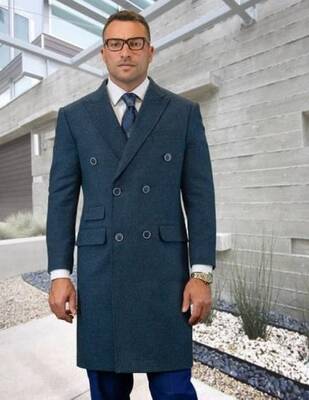 Mens Overcoat -Mens Long Wool Topcoats- Topcoat For Men-Mens Double breasted Overcoat - Blue Double breasted Coat