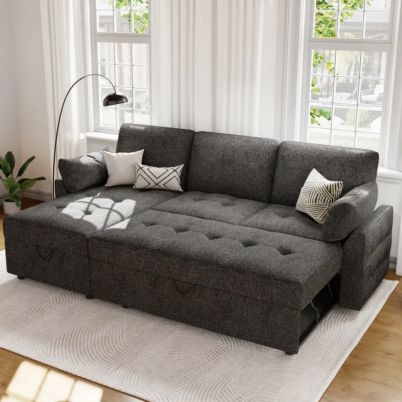 Amerlife Pull Out Sofa Bed, Modern Tufted Convertible Sleeper Sofa, L Shaped Sofa Couch with Storage Chaise