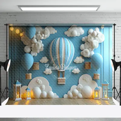 Aperturee Blue Wall Clouds Hot Air Balloon Cake Smash Backdrop | Backdrops For Photos | Photography Cloth Backdrop | Wall Bac...