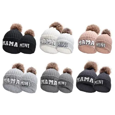 Parent-Child Beanie Hat Mother & Kids Winter Warm Knit Hat Letter Embroidery Family Matching Crochet Cap