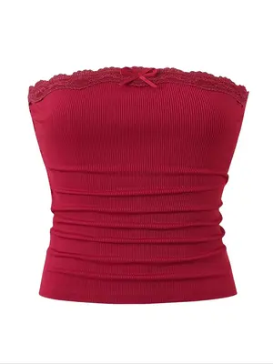 Women's Contrast Lace Bow Decor Crop Tube Top, Sweet Fashion Y2K Sleeveless Top for Daily Outdoor Wear, Ladies Clothes for Su...