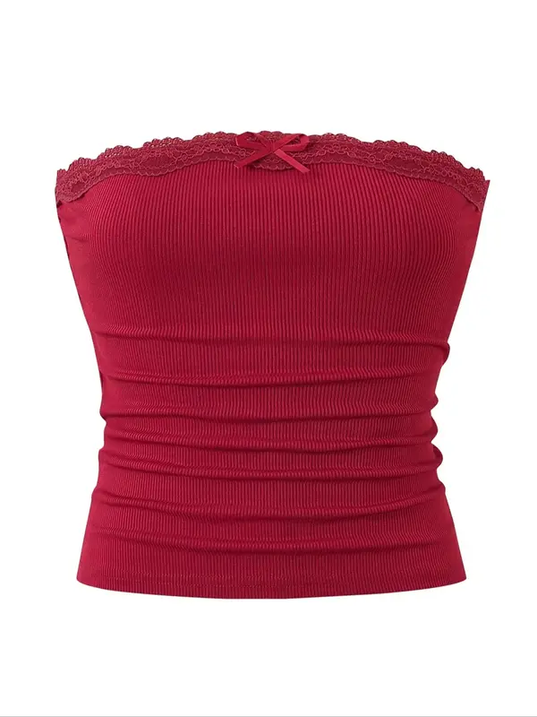 Women's Contrast Lace Bow Decor Crop Tube Top, Sweet Fashion Y2K Sleeveless Top for Daily Outdoor Wear, Ladies Clothes for Su...