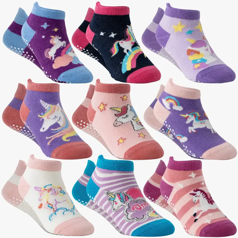9 Pairs Of Baby Girls Toddlers Grips Socks Kids Non Slip Anti Skid Ankle Unicorn Cotton No Show Socks With Grippers Gift Sock...