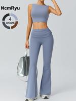Sporty Women's Plain Backless Crop Tank Top & Ruched Flare Leg Leggings, Sports Outfits for Yoga Gym Workout Running, Women T...
