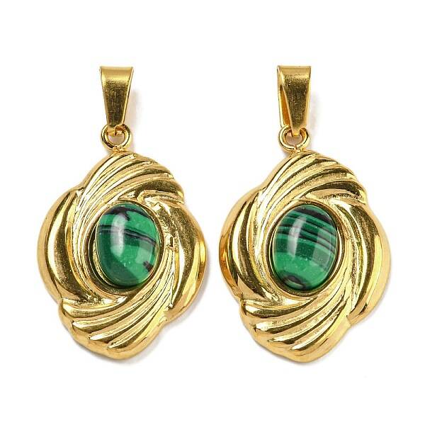 Ion Plating(IP) 304 Stainless Steel Pave Synthetic Malachite Pendants