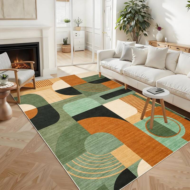 Garvee Boho Geometric Area Rug Low Pile Non-Slip Polyester Washable Green Multi 5'x7' Living Room Bedroom Entryway