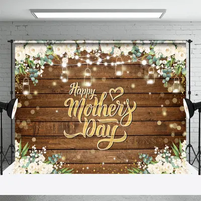 Gold Boho Floral Wooden Happy Mothers Day Backdrop - Aperturee