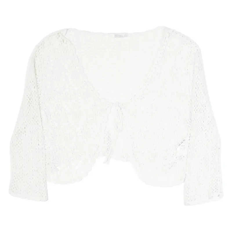 Crochet Womens Wrap Waistcoat White Button Neck Long Sleeve L