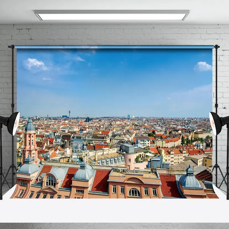 Mediterranean Style House Overlooking Photo Backdrop - Aperturee