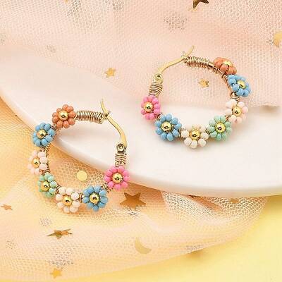 304 Stainless Steel & Bohemian Beaded Flower Hoop Earrings for Women