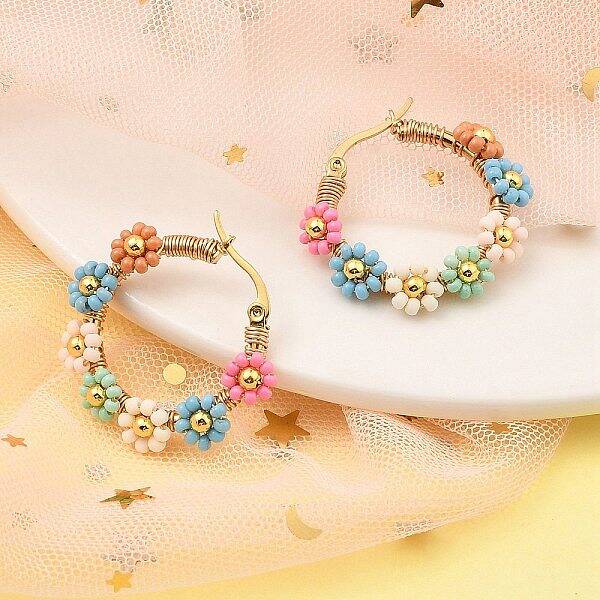 304 Stainless Steel & Bohemian Beaded Flower Hoop Earrings for Women