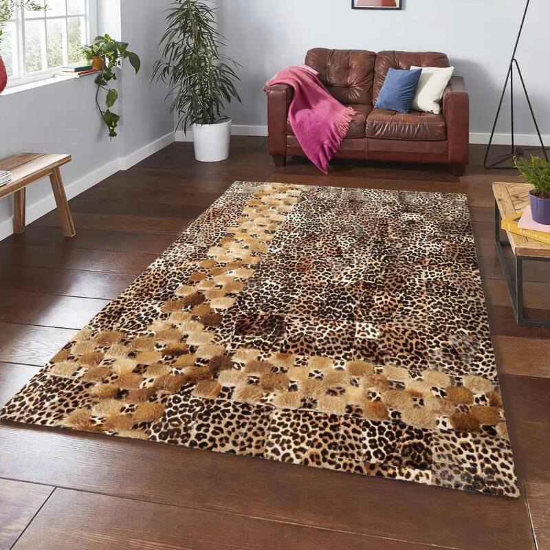 Leopard Print Pattern Genuine Fur Patchwork Rug