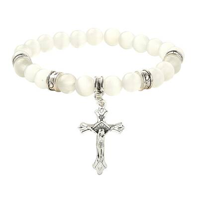 Cat Eye Round Beaded Stretch Bracelet with Alloy Corss Charms for Women
