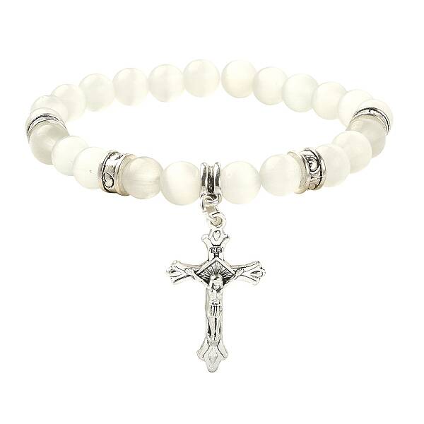 Cat Eye Round Beaded Stretch Bracelet with Alloy Corss Charms for Women
