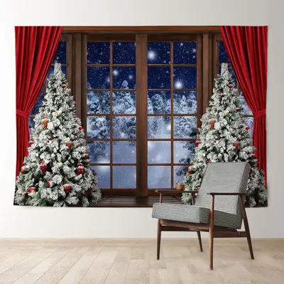 Aperturee Red Curtain Snowy Tree Window Christmas Backdrop