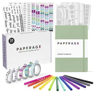 PAPERAGE Bullet Style Journal Kit, Dotted Journaling Starter Kit With Dotted Notebook, Fineliner Pens, Stickers, Stencil Shee...