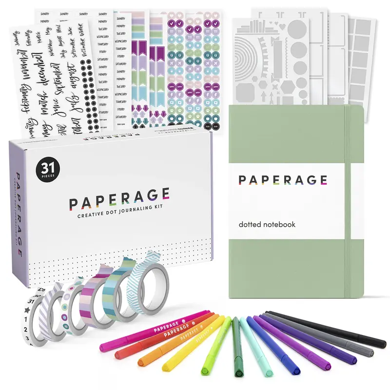 PAPERAGE Bullet Style Journal Kit, Dotted Journaling Starter Kit With Dotted Notebook, Fineliner Pens, Stickers, Stencil Shee...