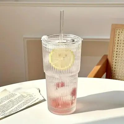 Large Capacity Glass Cup with Lid & Straw, 1 Count Vintage Transparent Water Tea Milk Juice Cup, Summer Cool Bottle Drinking ...