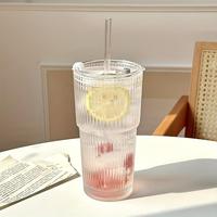 Large Capacity Glass Cup with Lid & Straw, 1 Count Vintage Transparent Water Tea Milk Juice Cup, Summer Cool Bottle Drinking ...