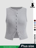 【Plus Size】 Solid Button Front Ribbed Tank Top, Casual Sleeveless Round Neck Top for All Seasons, Going Out Tops, Women's...