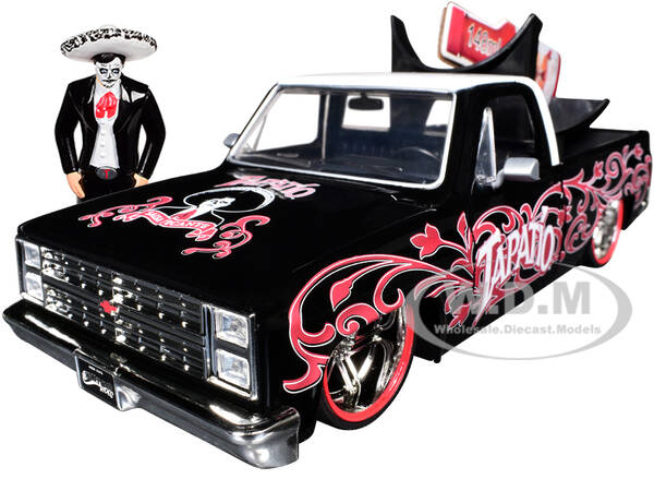 1985 Chevrolet C-10 Pickup Truck Black with White Top and Graphics with Charro Man Diecast Figure \