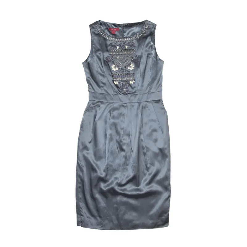 MONSOON Embellished Pencil Dress Grey Satin Sleeveless Knee Length Womens UK 8