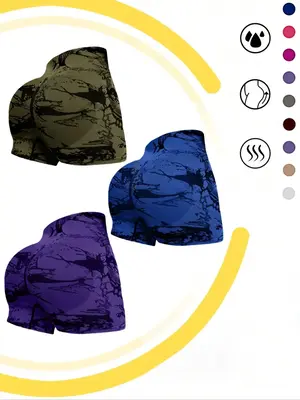 Sporty Women's Tie Dye Print High Waist Sports Shorts, Comfy Breathable Seamless Wide Band Skinny Shorts for Yoga Gym Workout...