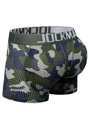 Men's Camo Print Low Waist Detatchable Padded Boxer Brief, Casual Breathable Underwear For Daily Wear, Comfy Underwear For Me...