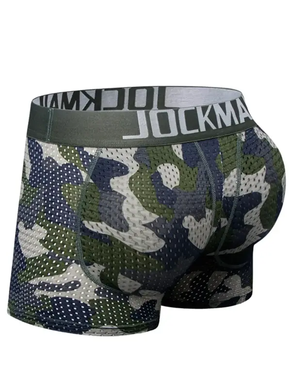 Men's Camo Print Low Waist Detatchable Padded Boxer Brief, Casual Breathable Underwear For Daily Wear, Comfy Underwear For Me...