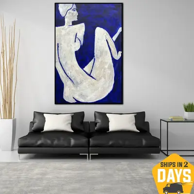 Abstract Woman Painting On Canvas Monochrome Artwork White and Blue Wall Art Decor for Home | DESOLATION 35.5"x23.7"...