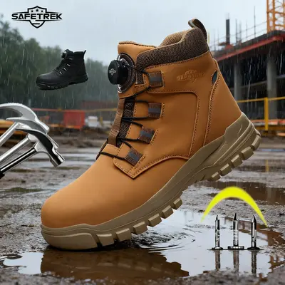 SAFETREK Men's Anti-puncture Boots Waterproof Slip High Top Work Shoes with Steel Toe Protection & Breathable Upper for Const...