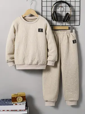 Two-Piece Set Toddler Boy's Solid Crew Neck Sweatshirt & Elastic Waist Sweatpants Sweatsuit Set, Casual Long Sleeve Pullover ...