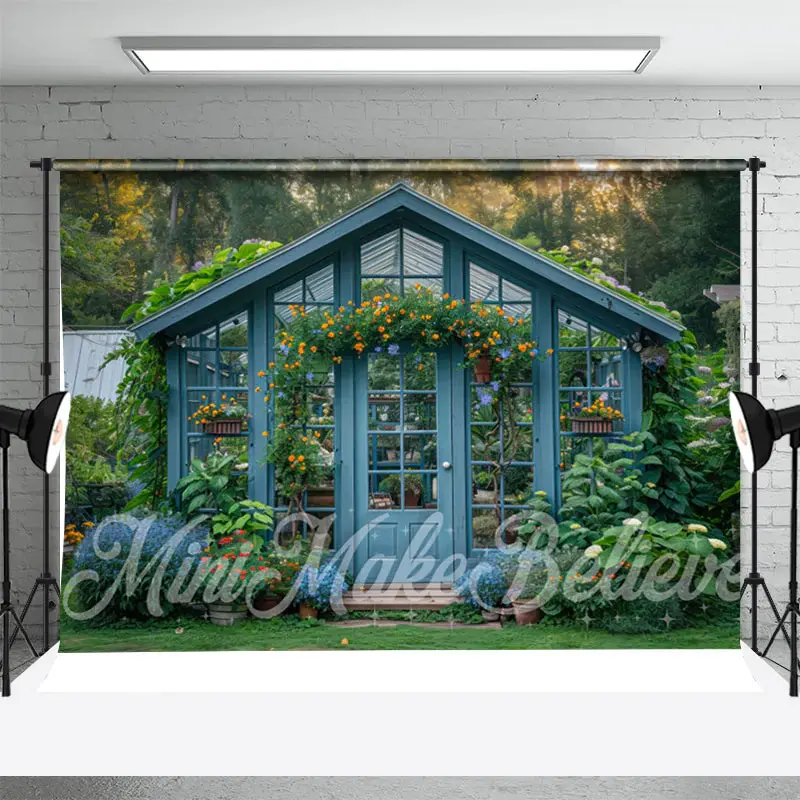 Retro Blue Wood House Greenery Spring Photo Backdrop - Aperturee