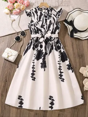 Girl's Floral Print Dress with Belt, Casual Dress for Summer, Kids Clothes for Daily Wear
