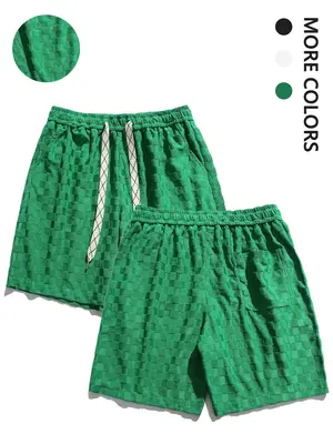 Men's Solid Textured Drawstring Waist Shorts, Loose Casual Pocket Straight Leg Shorts, Summer Outfits 2024, Men's Bottoms f...