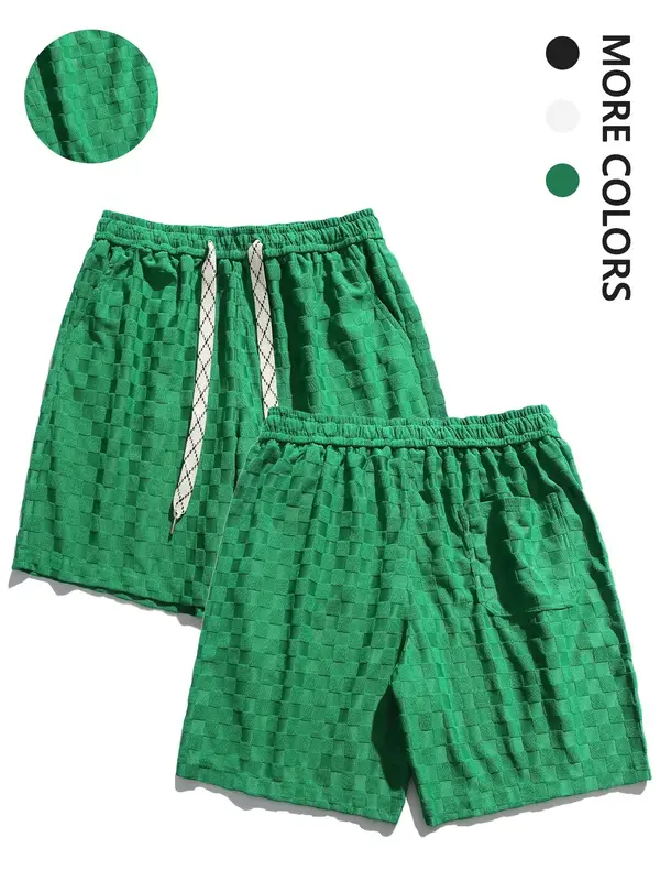 Men's Solid Textured Drawstring Waist Shorts, Loose Casual Pocket Straight Leg Shorts, Summer Outfits 2024, Men's Bottoms f...
