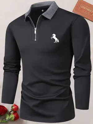 Men's Horse Print Quarter Zipper Polo Shirt, Contrast Collar Longsleeves Polo Shirt, Men's Drippy Outfits, Stylish Going Out ...