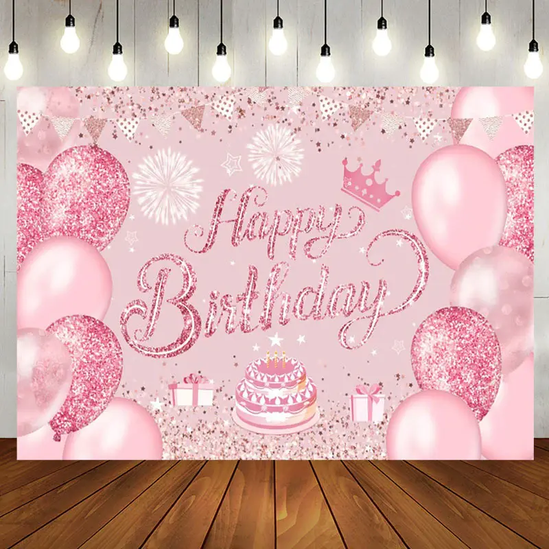 Pink Glitter Balloons Cake Girls Birthday Backdrop - Aperturee