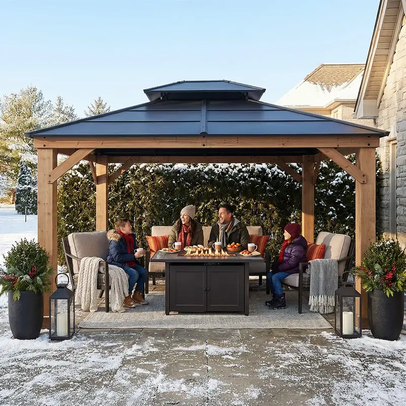 SUNJOY 11x13 Cedar Hardtop Gazebo with Heavy-Duty Steel Roof & Ceiling Hook - Natural Cedar