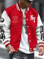 Men's Letter Print Baseball Collar Bomber Jacket, Loose Casual Sporty Long Sleeve Varsity Jacket for Fall & Winter, Men's Out...