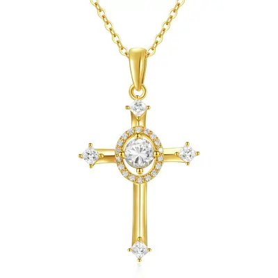 14K Gold Cubic Zirconia Cross Pendant Necklace